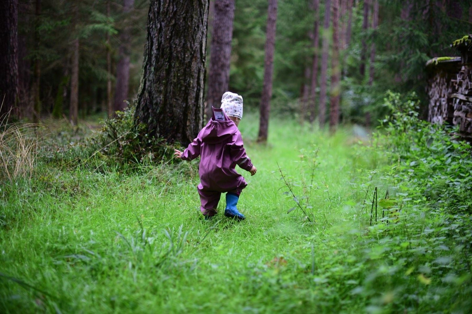 Ein Kind in Matschhose läuft durch einen grünen Wald